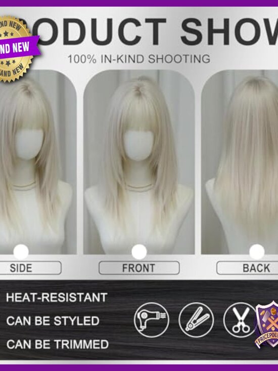 Long Straight Human Hair Wig with Bangs, Layered, Heat Resistant, Lightweight